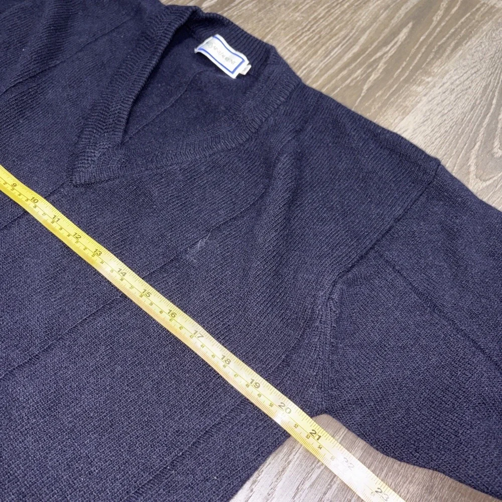 VTG YSL Yves Saint Laurent 80s LambsWool Sweater M Navy Cricket Knit Pullover